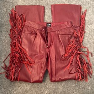 Red leather fringed pants